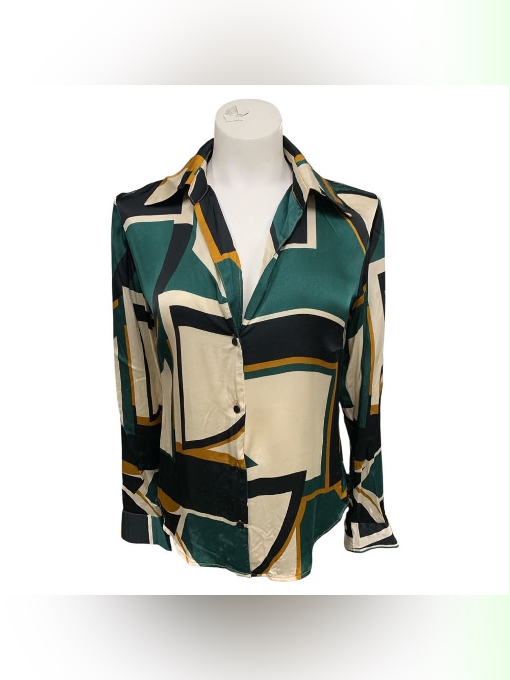 Mango Geometric Button-Down Shirt - Green, Cream & Gold Size S